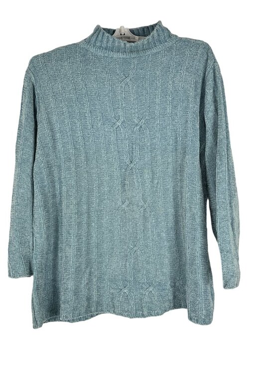 Erika Womens Cable Knit Mock Neck Sweater Size 1X Long Sleeve Soft Blue Pullover - Picture 1 of 9